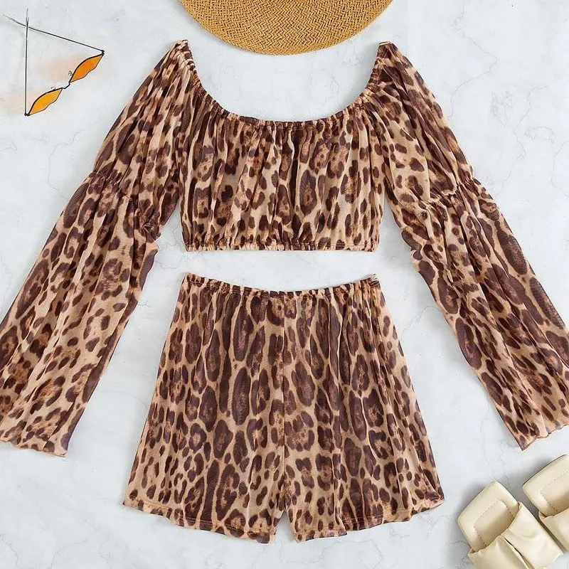 Off shoulder Cover Up Leopard Beach Cover Up Set