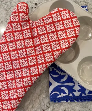 petite fleur-de-lis grenadine orange printed cloth oven mitt
