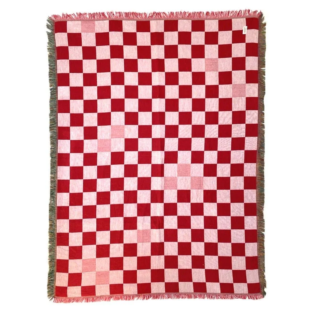Pink and Red Checker Woven Blanket