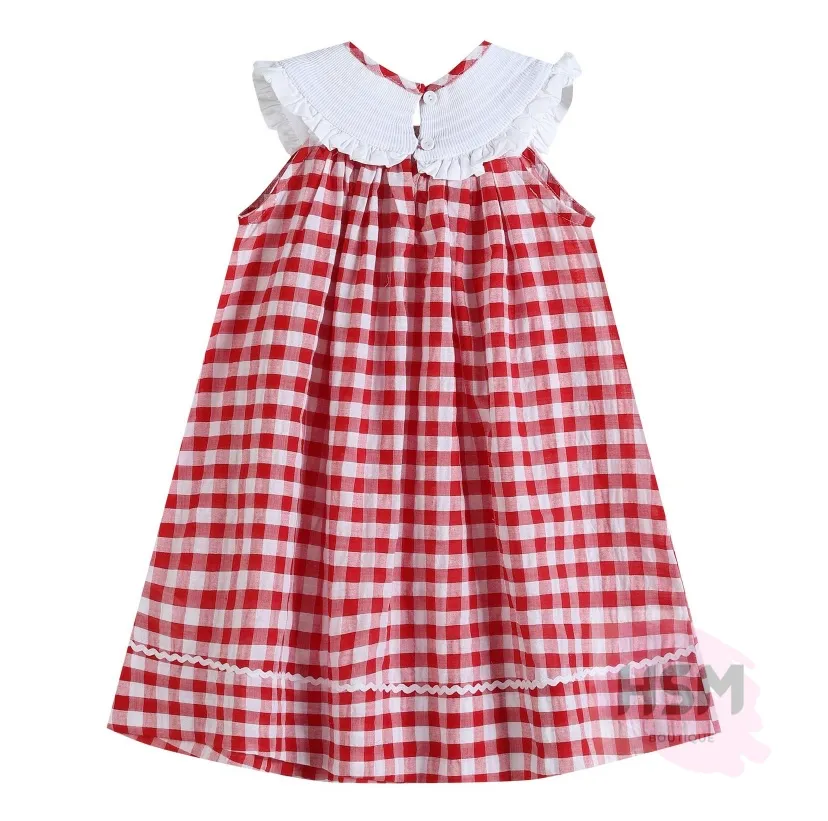 "Cherry On Top" Smocked Picnic Gingham Plaid Cherry Bishop Embroidery Red Dress