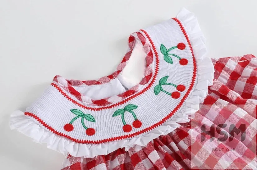 "Cherry On Top" Smocked Picnic Gingham Plaid Cherry Bishop Embroidery Red Dress