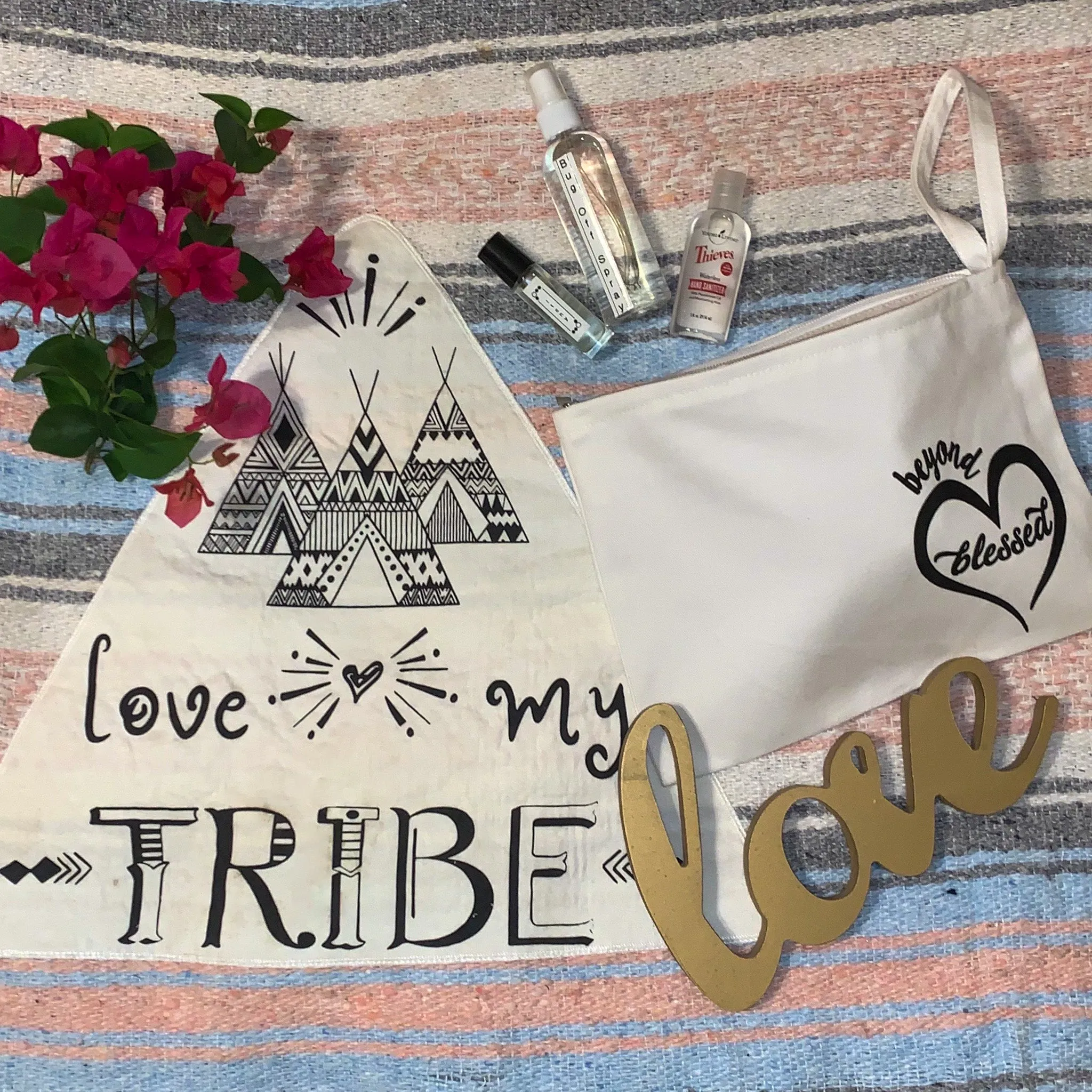 "Love My Tribe" - Coral / Blue Throw - Falza Mexican Blanket
