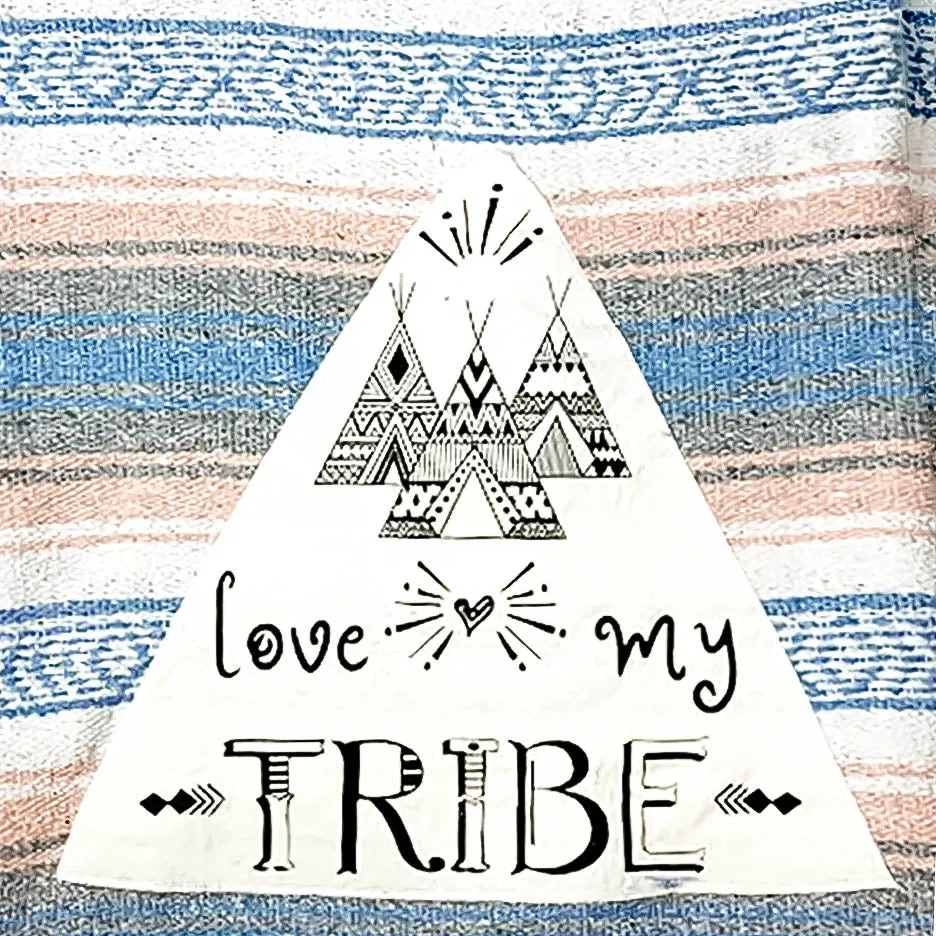 "Love My Tribe" - Coral / Blue Throw - Falza Mexican Blanket