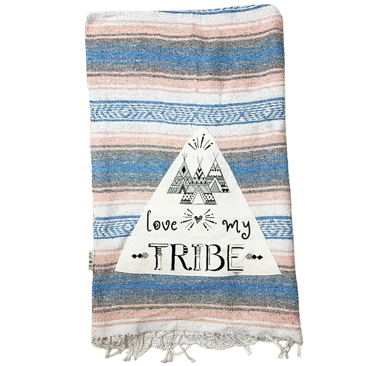 "Love My Tribe" - Coral / Blue Throw - Falza Mexican Blanket