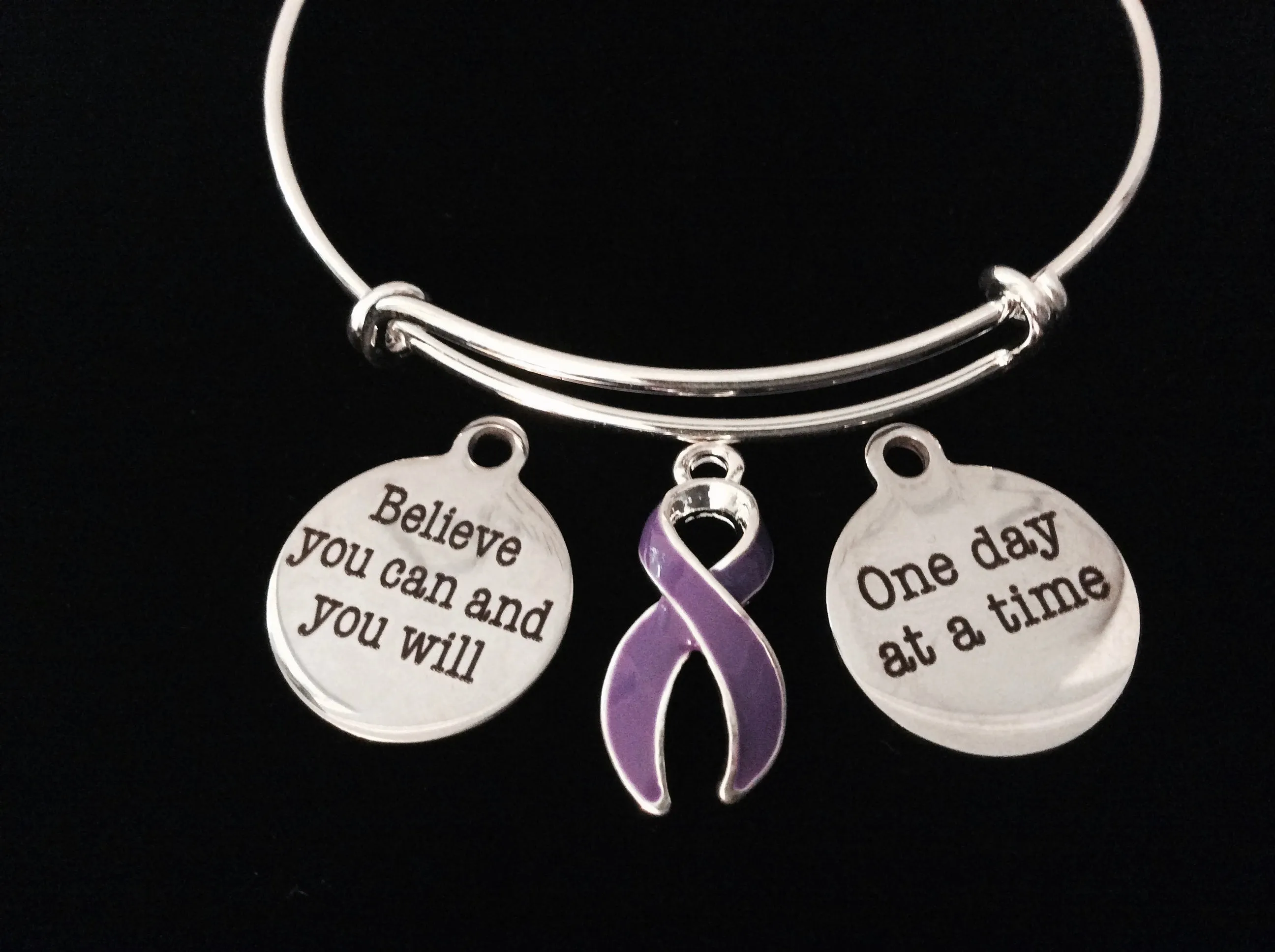 Recovery Purple Awareness Ribbon Adjustable Bracelet Expandable Silver Wire Bangle Trendy Gift (Other Awareness Ribbons Available)