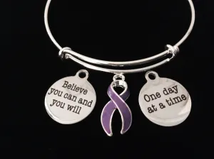 Recovery Purple Awareness Ribbon Adjustable Bracelet Expandable Silver Wire Bangle Trendy Gift (Other Awareness Ribbons Available)