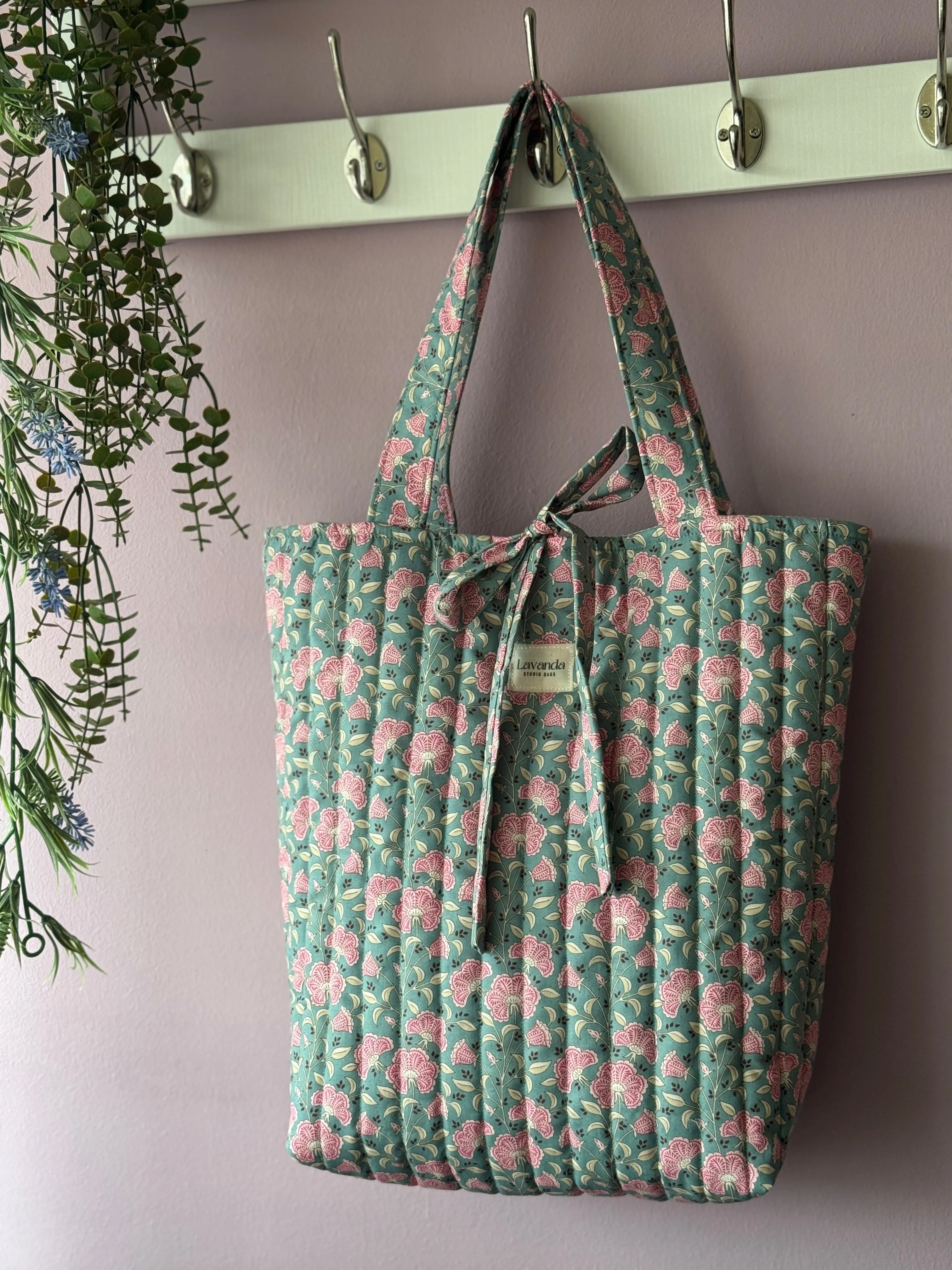 Restock! Tote bag Amalia green petrol pink flowers.