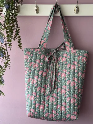 Restock! Tote bag Amalia green petrol pink flowers.