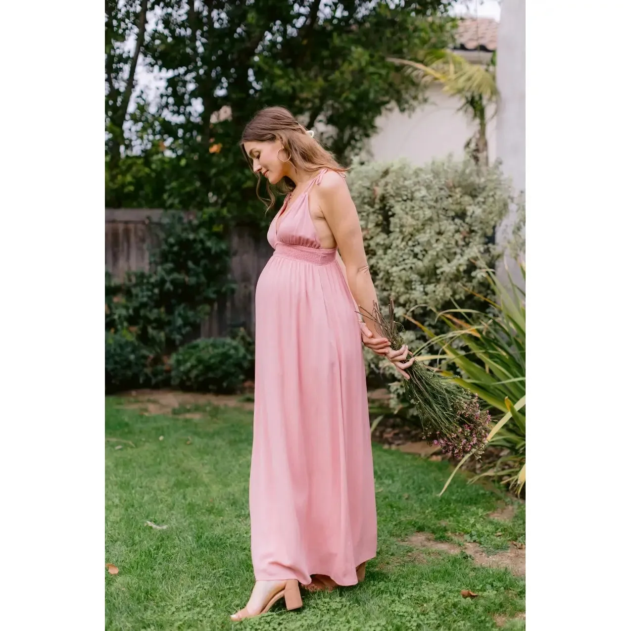 Rose Maxi Spaghetti Strap Tied Smocked Waist Full Lined Maternity Dress