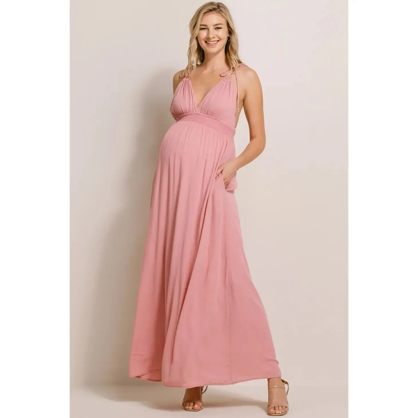 Rose Maxi Spaghetti Strap Tied Smocked Waist Full Lined Maternity Dress