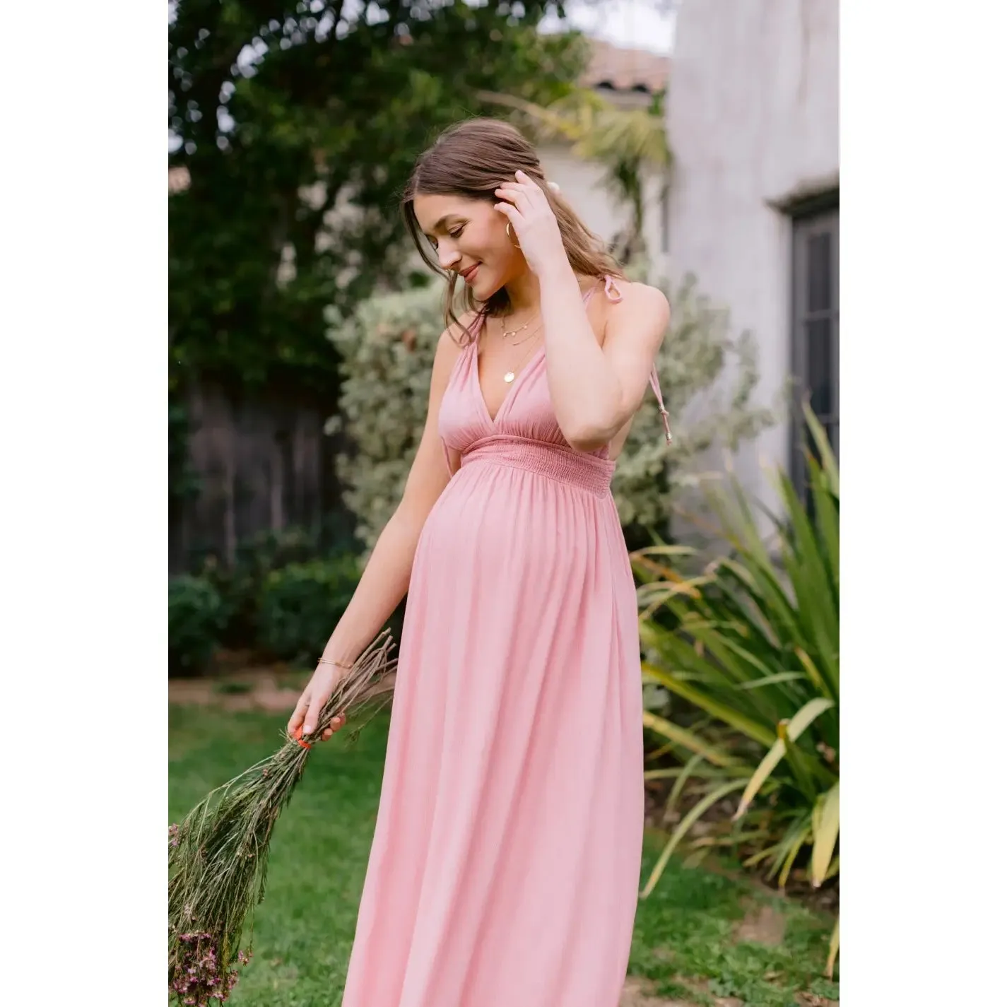 Rose Maxi Spaghetti Strap Tied Smocked Waist Full Lined Maternity Dress