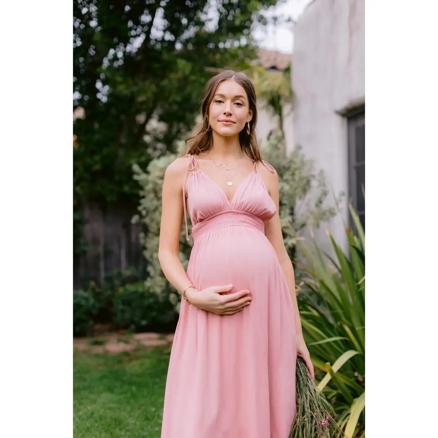 Rose Maxi Spaghetti Strap Tied Smocked Waist Full Lined Maternity Dress