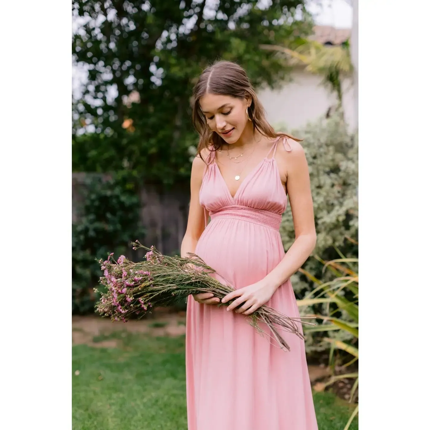 Rose Maxi Spaghetti Strap Tied Smocked Waist Full Lined Maternity Dress