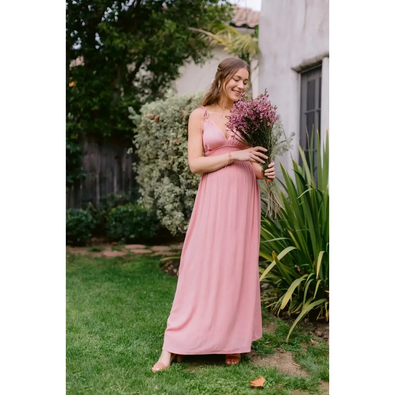 Rose Maxi Spaghetti Strap Tied Smocked Waist Full Lined Maternity Dress