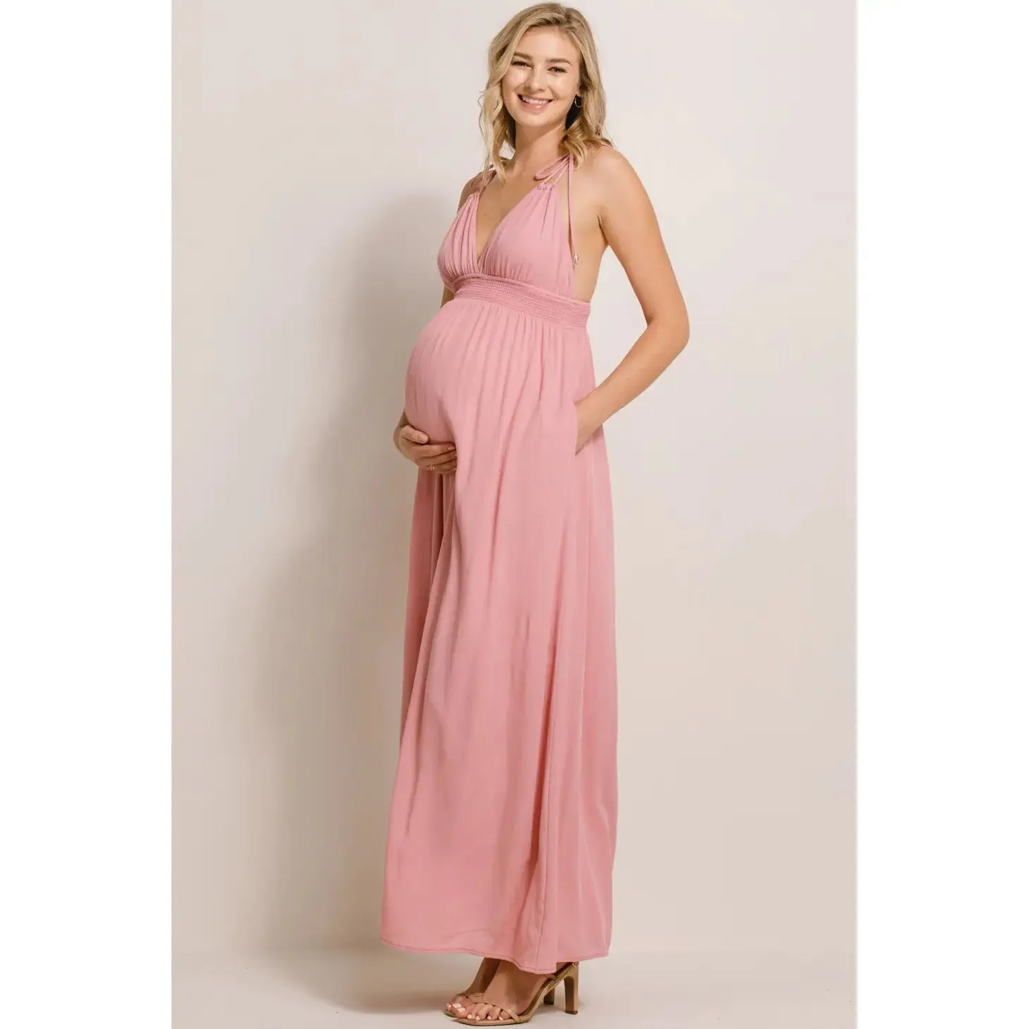 Rose Maxi Spaghetti Strap Tied Smocked Waist Full Lined Maternity Dress