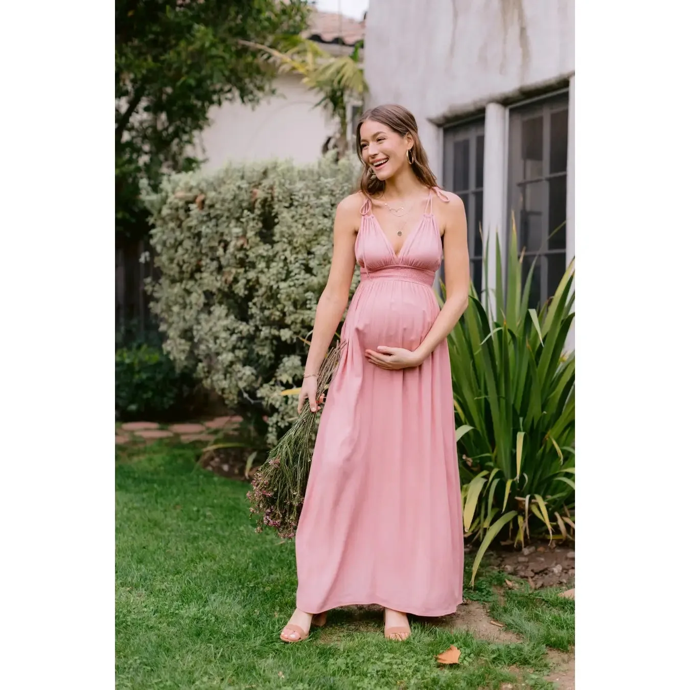 Rose Maxi Spaghetti Strap Tied Smocked Waist Full Lined Maternity Dress