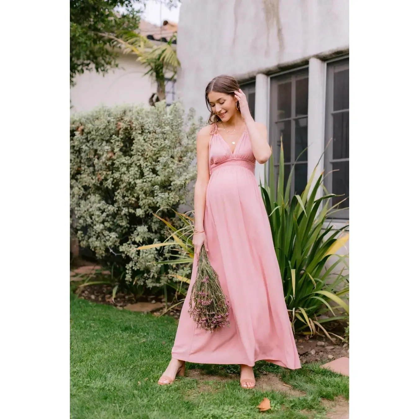 Rose Maxi Spaghetti Strap Tied Smocked Waist Full Lined Maternity Dress