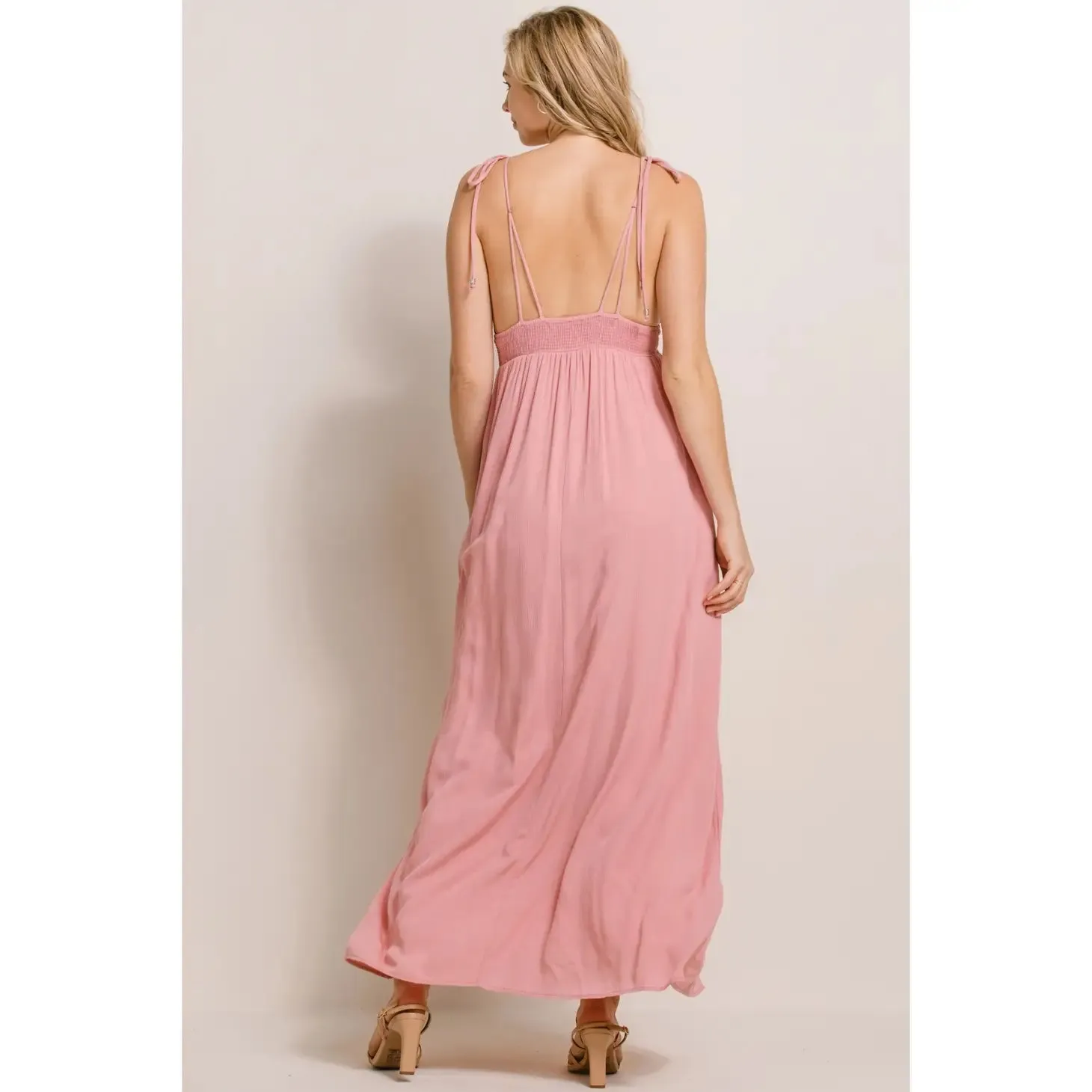 Rose Maxi Spaghetti Strap Tied Smocked Waist Full Lined Maternity Dress