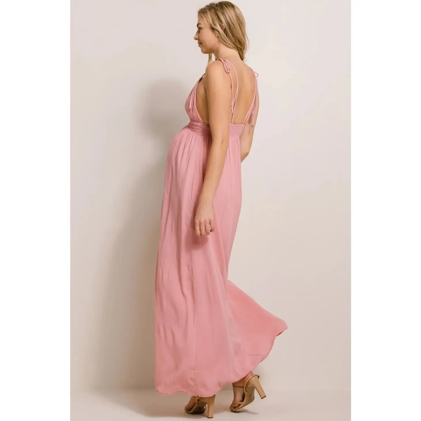 Rose Maxi Spaghetti Strap Tied Smocked Waist Full Lined Maternity Dress