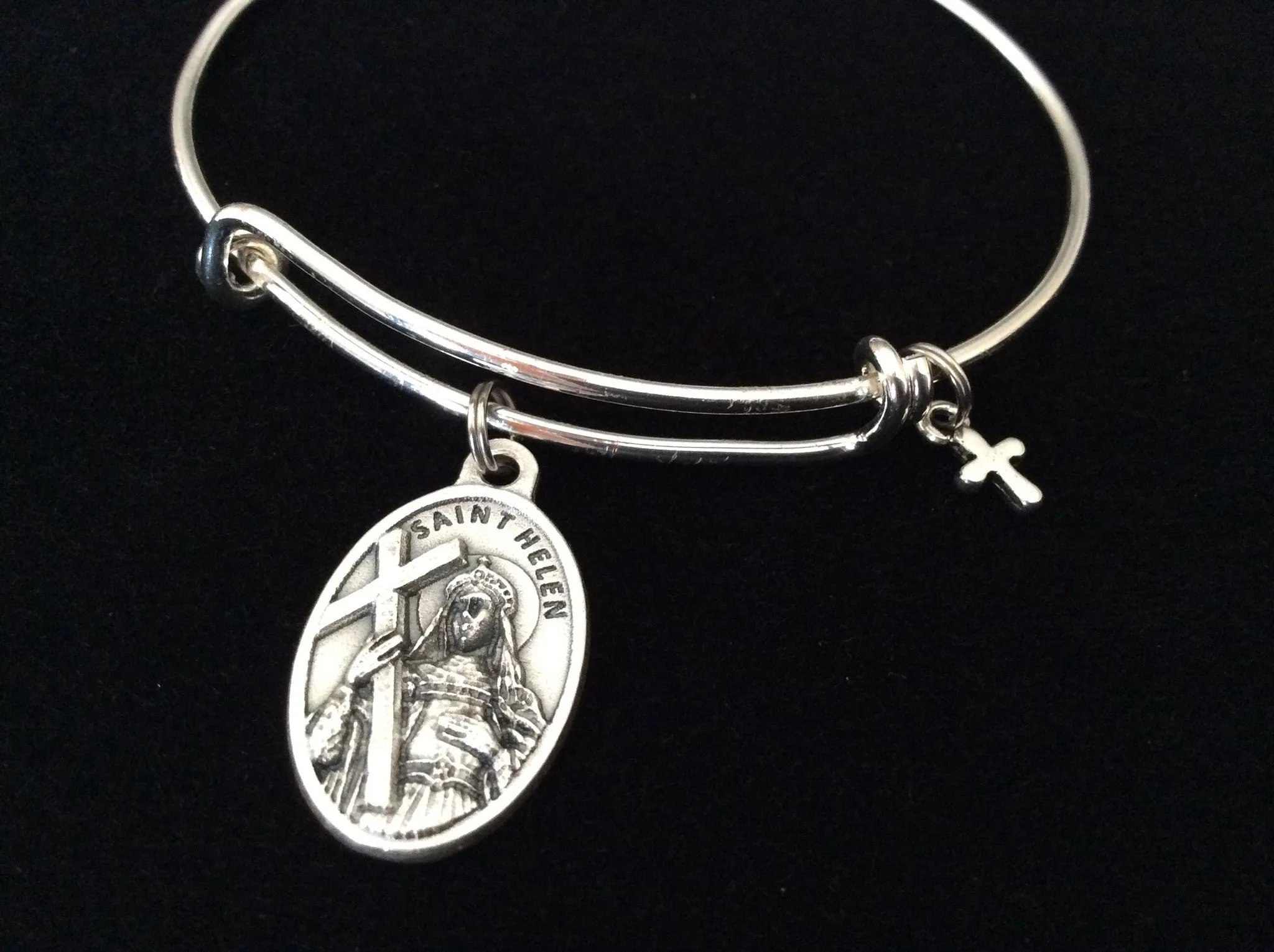 Saint Helen Medal Silver Expandable Charm Bracelet Double Sided Adjustable Wire Bangle Stacking Trendy Patron Marriages Relationships