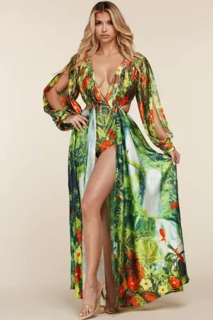 SEXY WATER FALL PLEATED SLEEVES MAXI DRESS/ BODYSUIT