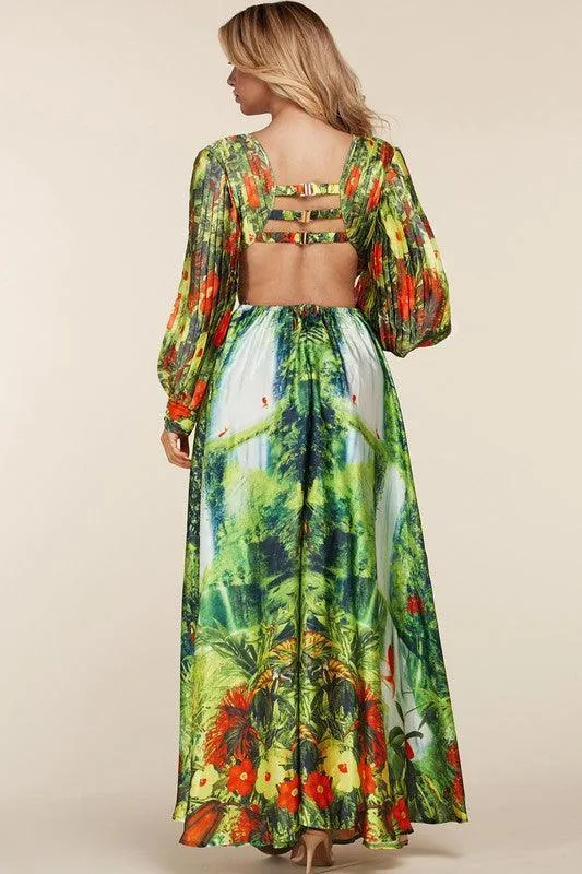 SEXY WATER FALL PLEATED SLEEVES MAXI DRESS/ BODYSUIT