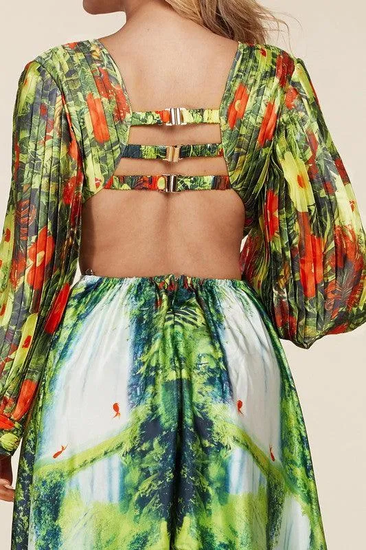 SEXY WATER FALL PLEATED SLEEVES MAXI DRESS/ BODYSUIT