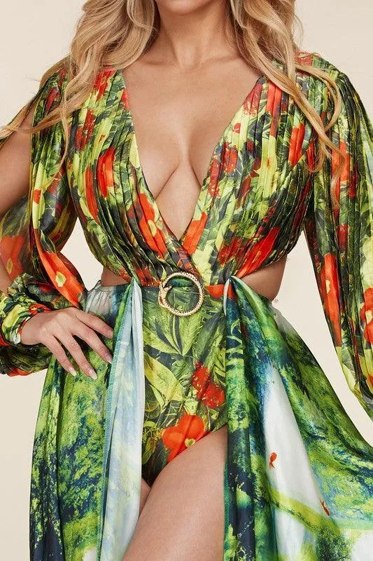 SEXY WATER FALL PLEATED SLEEVES MAXI DRESS/ BODYSUIT