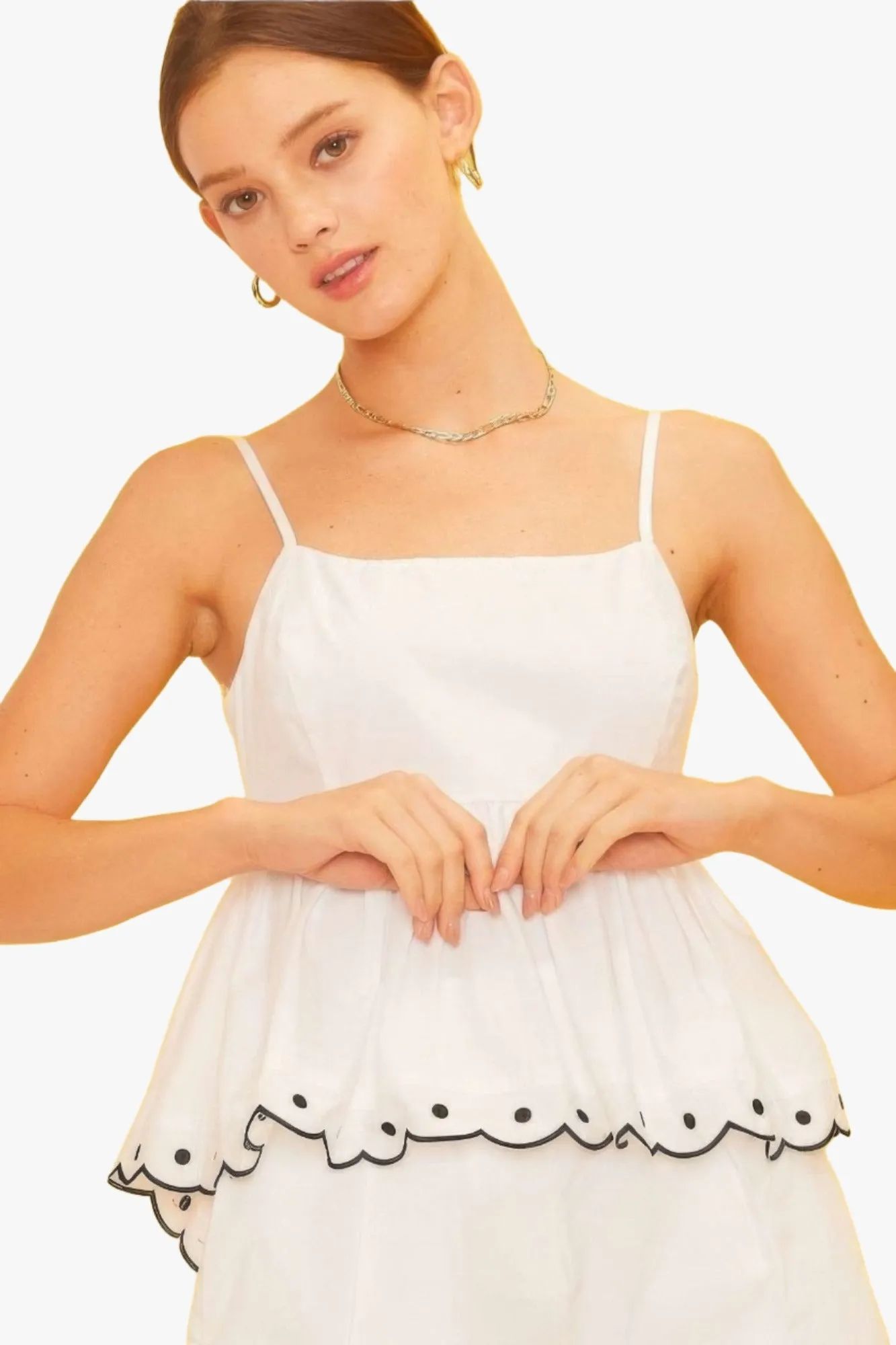 Shoulder Strap Back Tie Bottom Scallop Edge Top