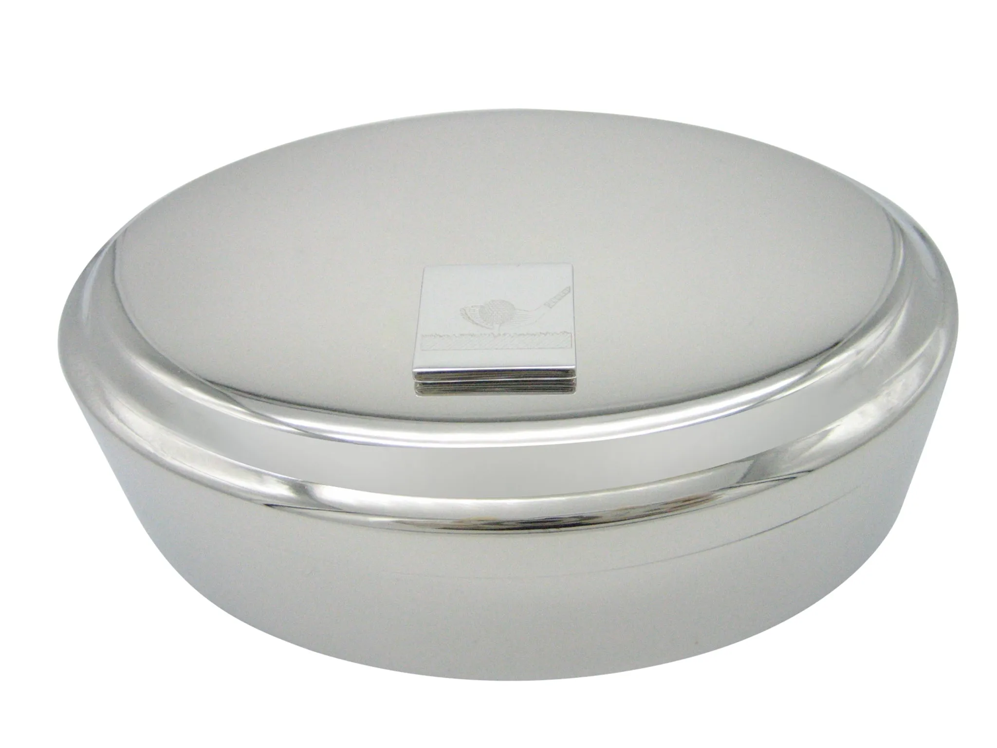 Silver Toned Etched Golf Ball and Club Pendant Oval Trinket Jewelry Box
