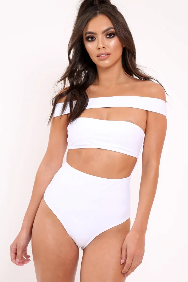 South Beach White Off Shoulder Cut Out Swimsuit