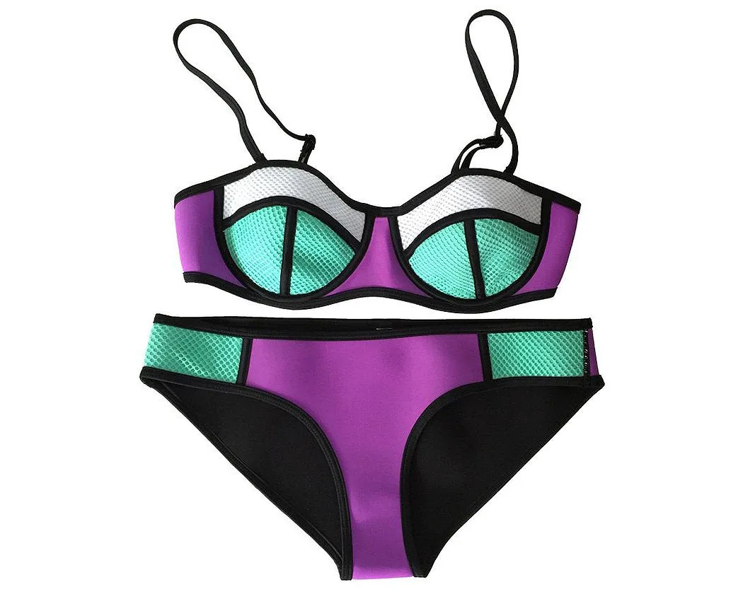 Spaghetti Strap Series Color Block Bikini Set - Magenta and Blue