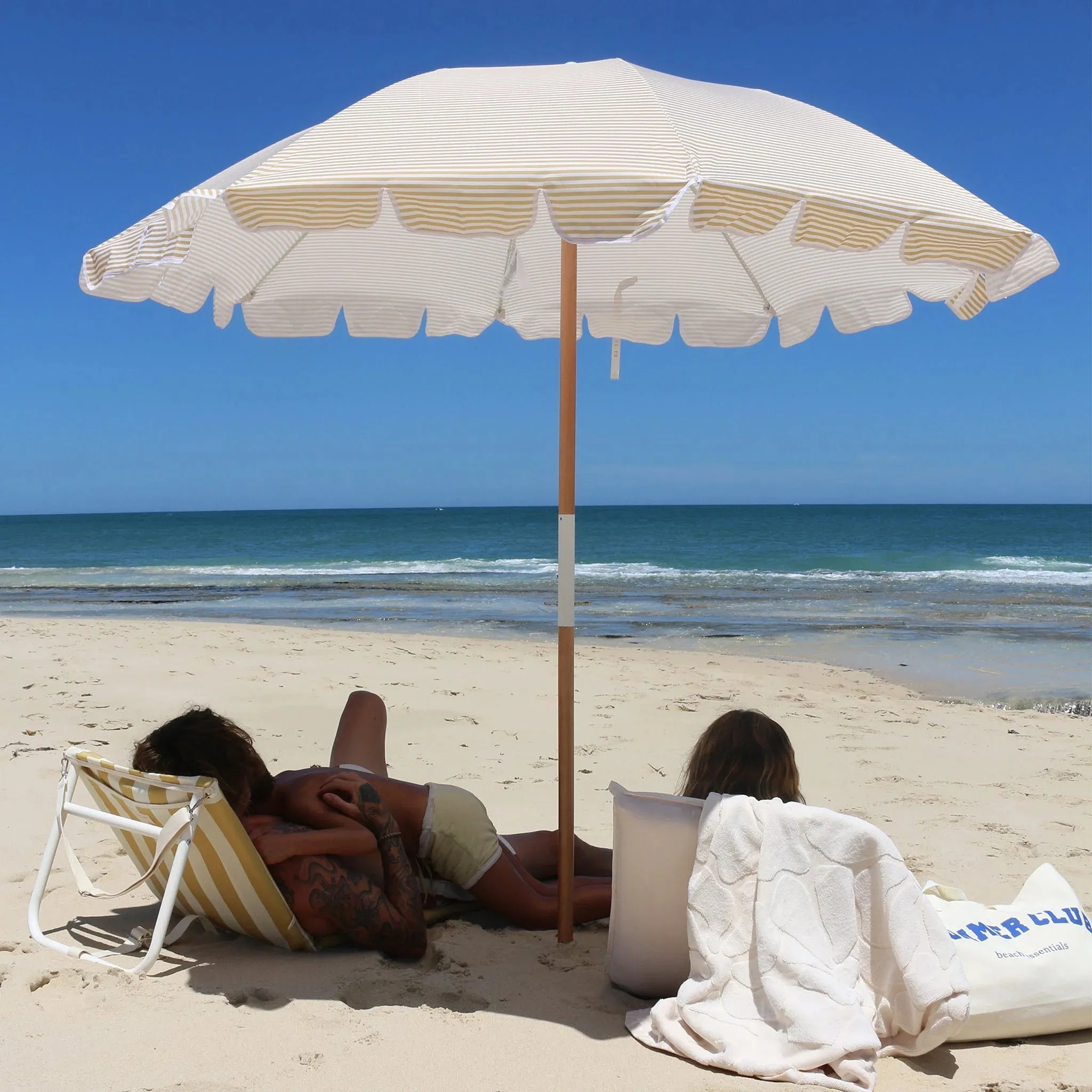 SUNNYLife Beach Umbrella Mango Bay Golden Mustard Stripe