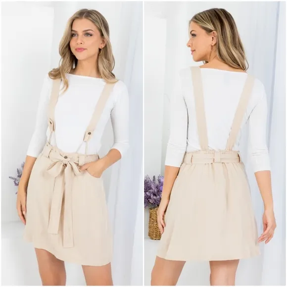 TAN BOW-TIE FRONT WAIST WITH POCKET STRAP OVERALL SKIRT