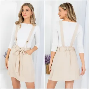 TAN BOW-TIE FRONT WAIST WITH POCKET STRAP OVERALL SKIRT