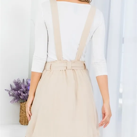 TAN BOW-TIE FRONT WAIST WITH POCKET STRAP OVERALL SKIRT
