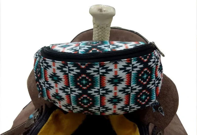 Teal & Orange Aztec Print Insulated Nylon Saddle Pouch