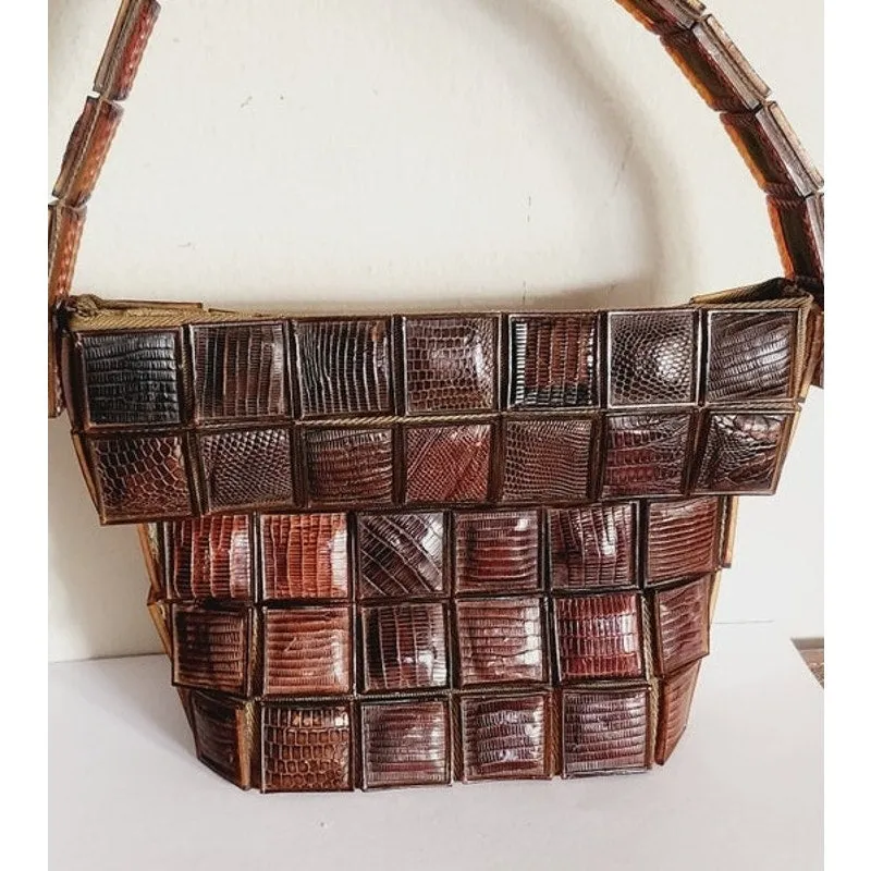 Vintage 1940s Bag in Alligator Tile Basket/Picnic Style
