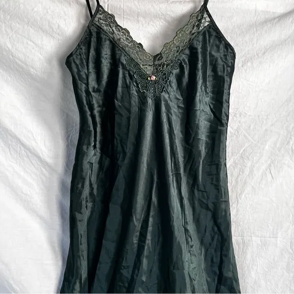 Vintage Satin Lace Spaghetti Strap Slip Dress Nightgown Emerald Green Chemise M