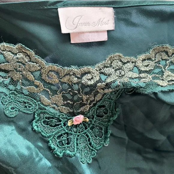 Vintage Satin Lace Spaghetti Strap Slip Dress Nightgown Emerald Green Chemise M