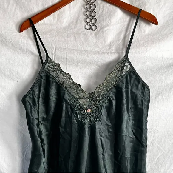 Vintage Satin Lace Spaghetti Strap Slip Dress Nightgown Emerald Green Chemise M