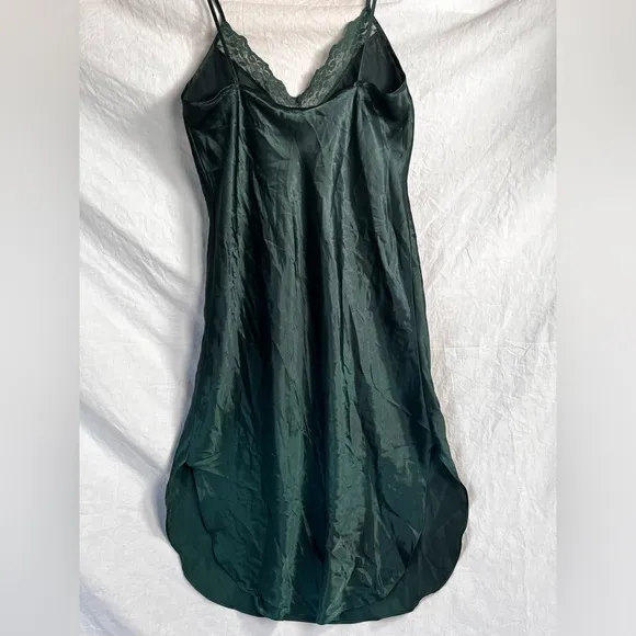 Vintage Satin Lace Spaghetti Strap Slip Dress Nightgown Emerald Green Chemise M