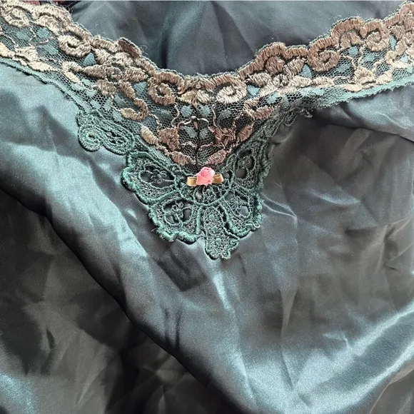 Vintage Satin Lace Spaghetti Strap Slip Dress Nightgown Emerald Green Chemise M