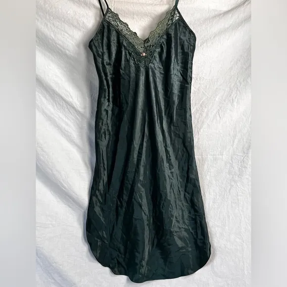 Vintage Satin Lace Spaghetti Strap Slip Dress Nightgown Emerald Green Chemise M