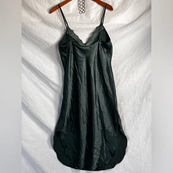 Vintage Satin Lace Spaghetti Strap Slip Dress Nightgown Emerald Green Chemise M