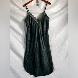 Vintage Satin Lace Spaghetti Strap Slip Dress Nightgown Emerald Green Chemise M