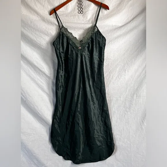 Vintage Satin Lace Spaghetti Strap Slip Dress Nightgown Emerald Green Chemise M