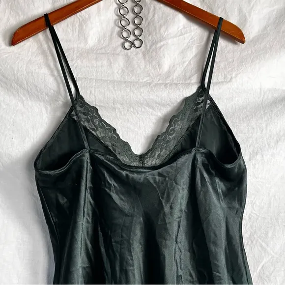 Vintage Satin Lace Spaghetti Strap Slip Dress Nightgown Emerald Green Chemise M