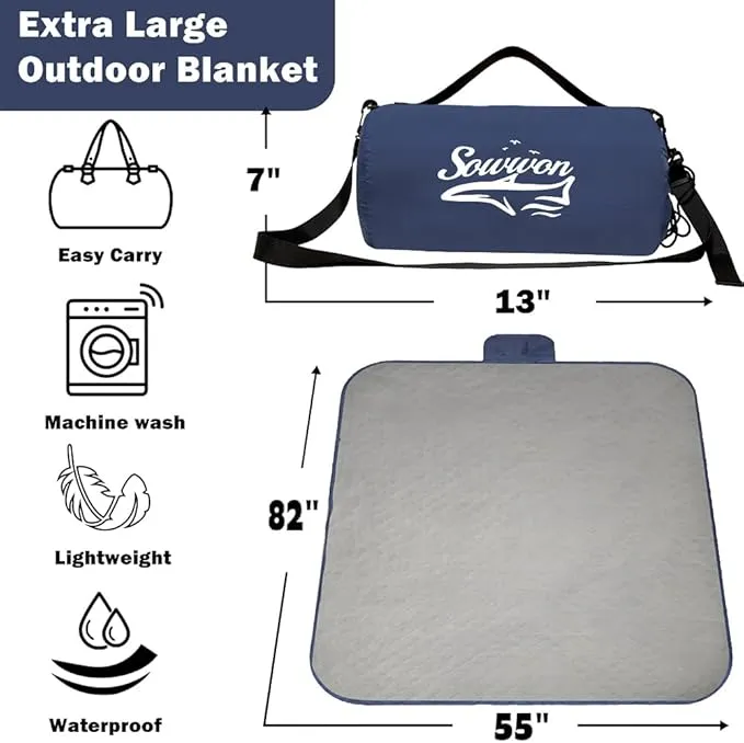Waterproof Outdoor Blanket 82”X 55” Packable, Stadium Blankets for Camping with Quilted Fleece Lining, Large Windproof Emergency Throw Mat for Garss Picnic Hiking Road Trip, Machine Washable, Navy