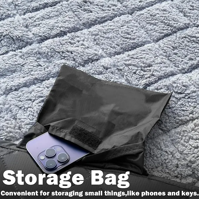 Waterproof Outdoor Blanket 82”X 55” Packable, Stadium Blankets for Camping with Sherpa Fleece Lining, Large Windproof Emergency Throw Mat for Garss Picnic Hiking Road Trip, Machine Washable, Black